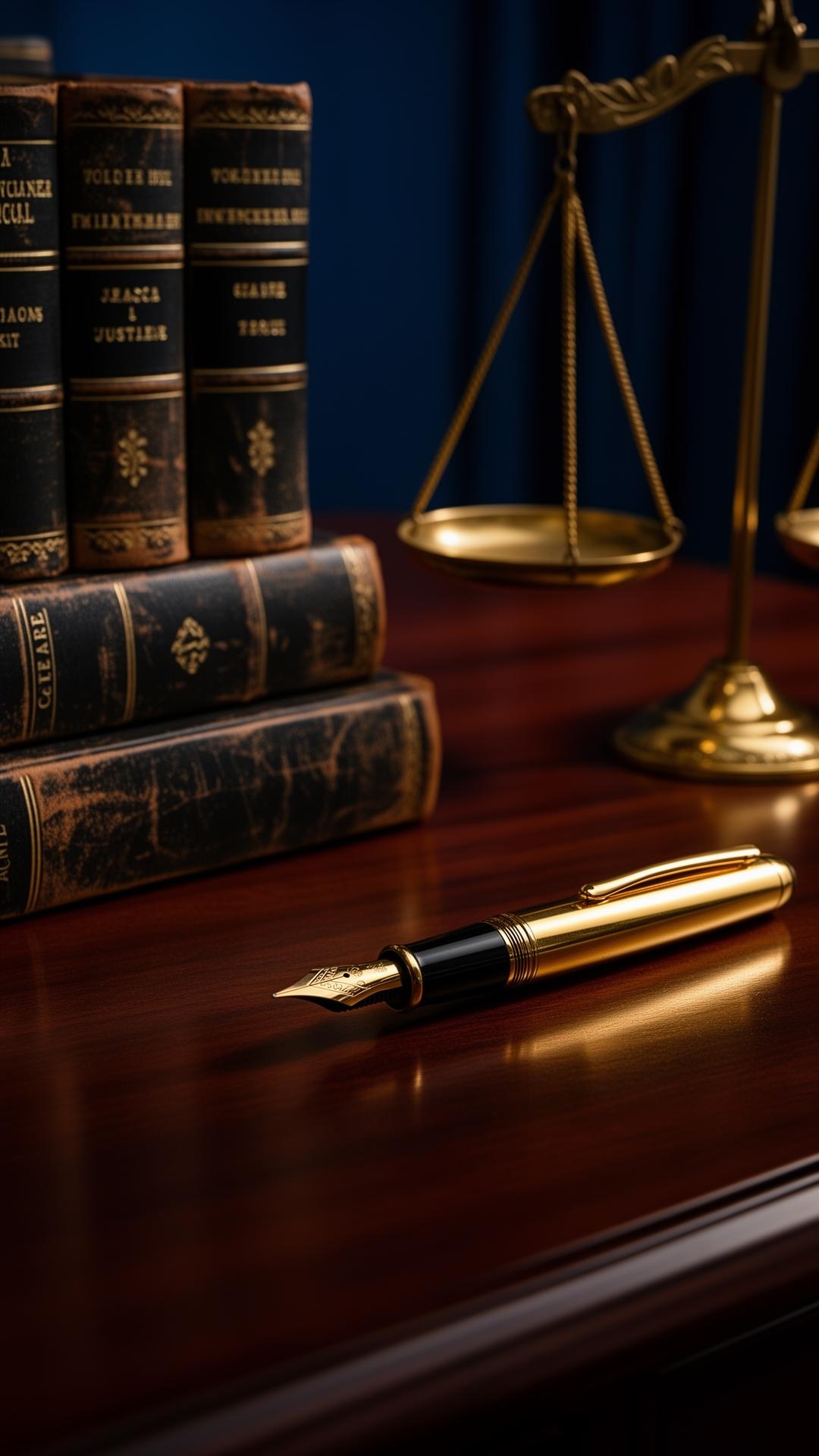 Legal books, scales of justice and gold pen on a mahogany desk